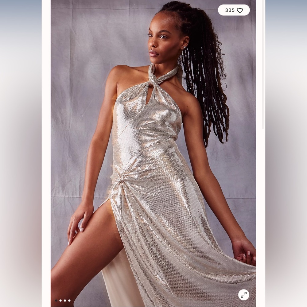 Free People Ronny Kobo Shimmering Gold Halter Maxi Dress